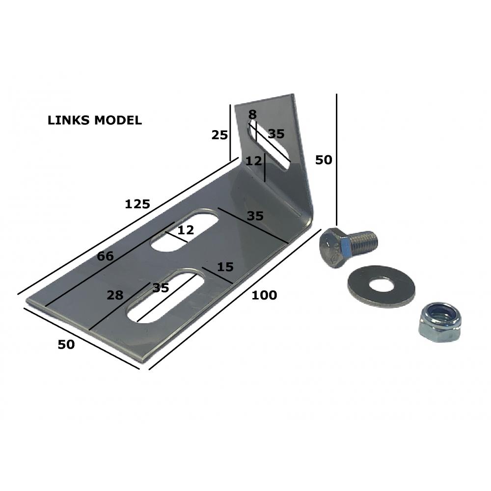 Équerre de montage à gauche, modèle avec dimensions Dimensions des supports de fixation pour les mangeoires des porcs d'engraissement